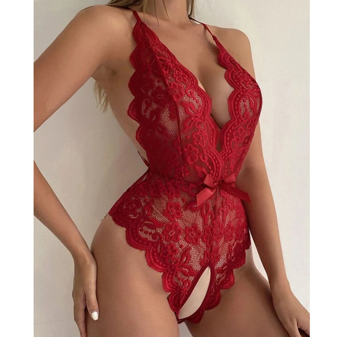 New Open-Crotch Halter Neck Tie-Back Lace Bodysuit