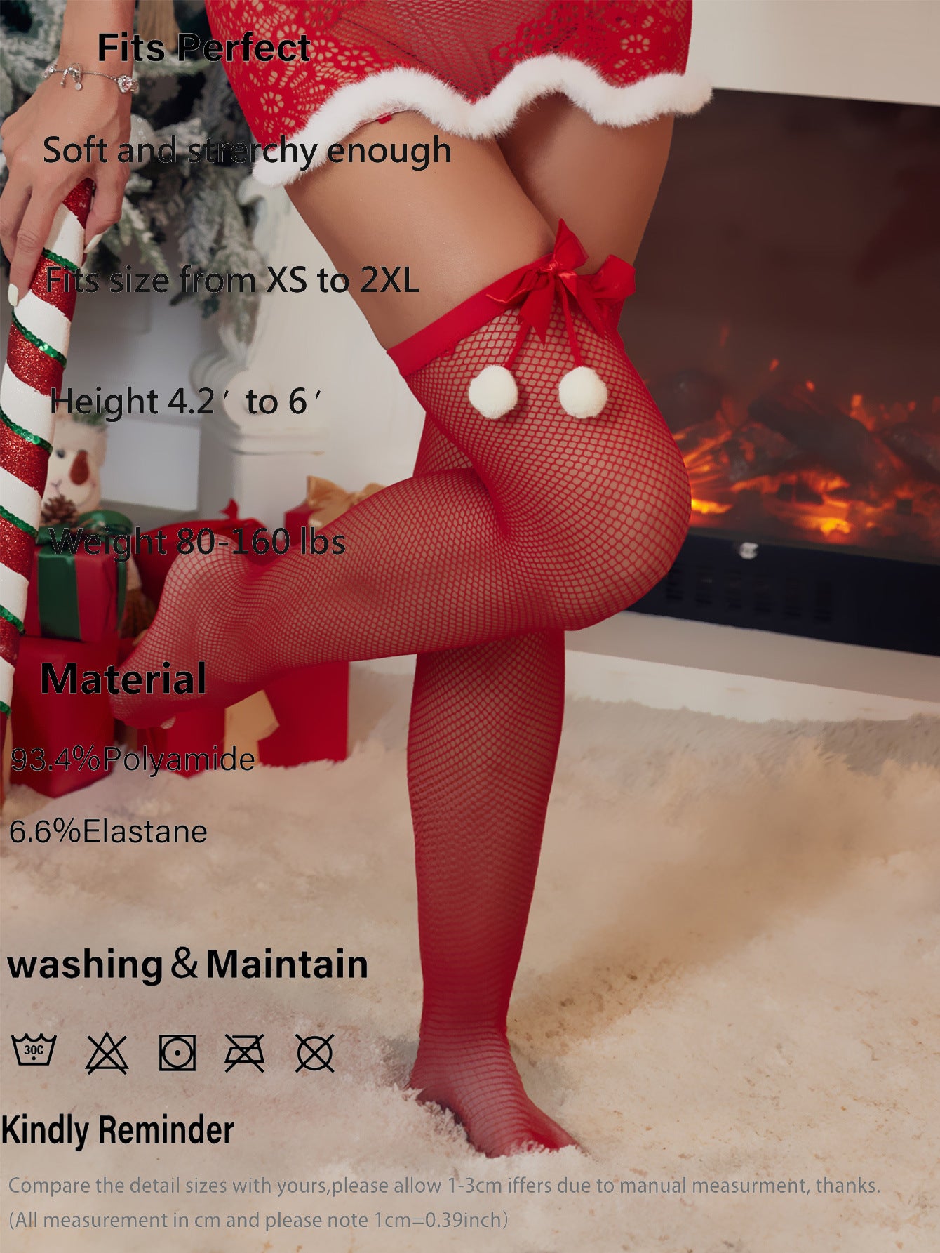 Christmas bow pom-pom mid-calf socks for women, fishnet cosplay costume