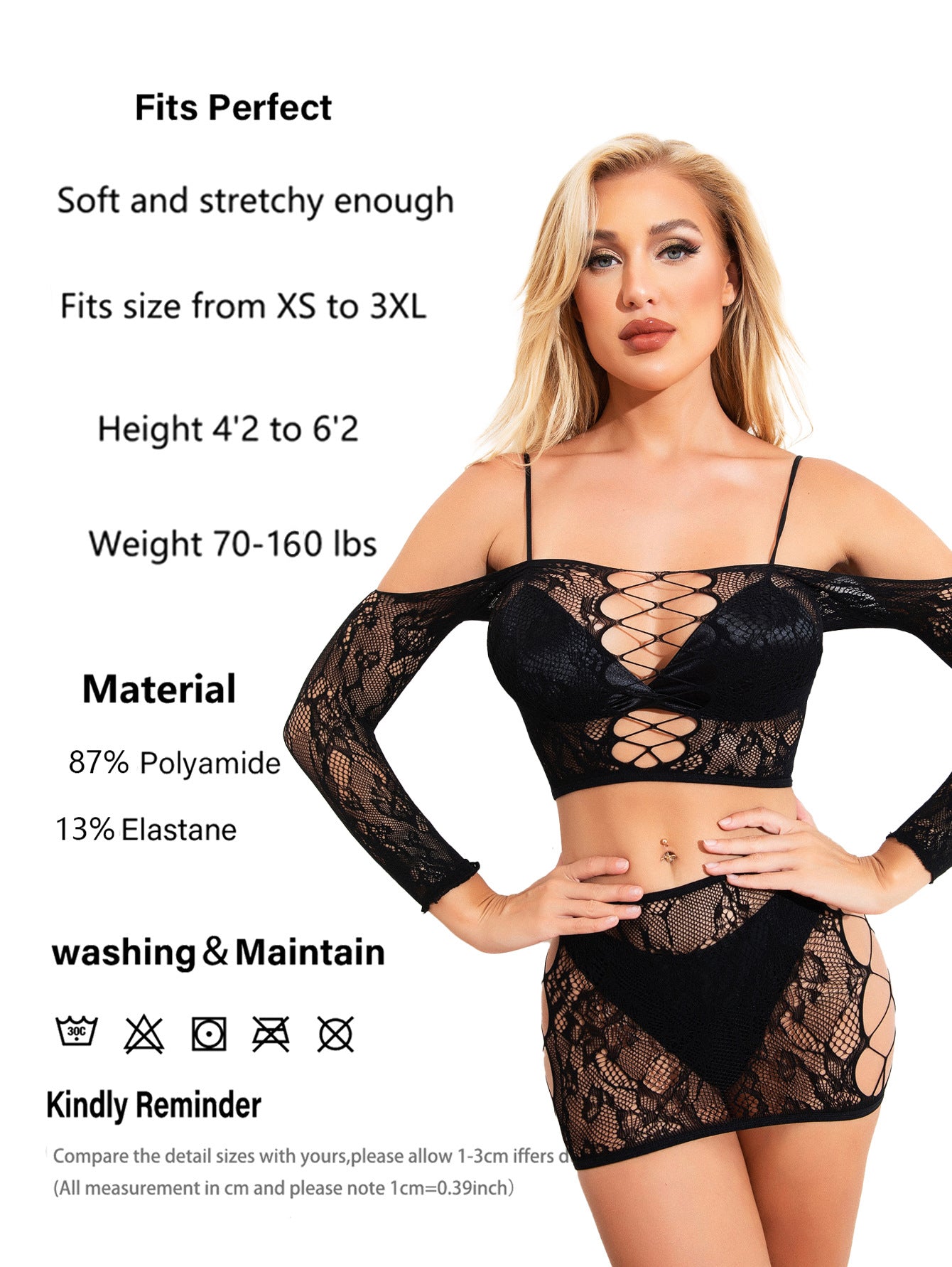 Two-piece women's lingerie set, fishnet jacquard, cross-front, uniform-style mesh top